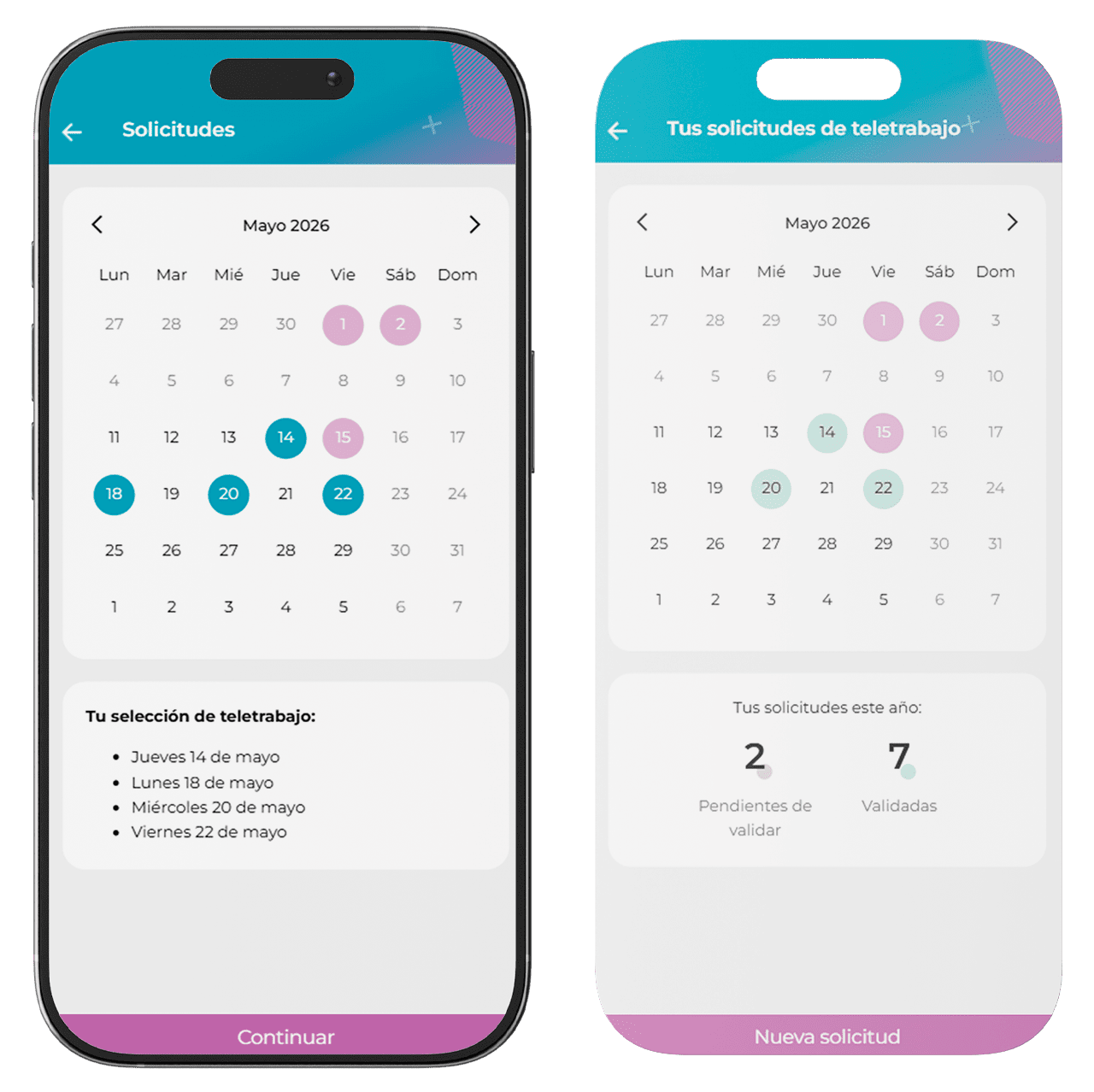 App móvil de Track People mostrando los turnos de teletrabajo