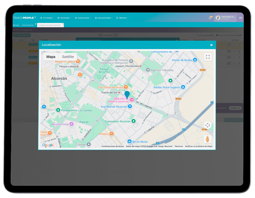 Mapa con geolocalización de fichajes en Track People