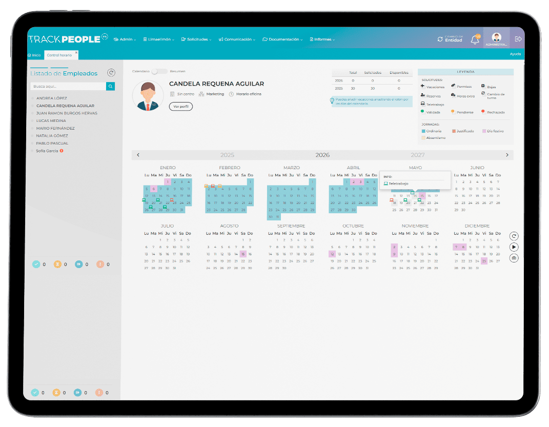 Calendario de teletrabajo de un empleado en la intranet de Track People