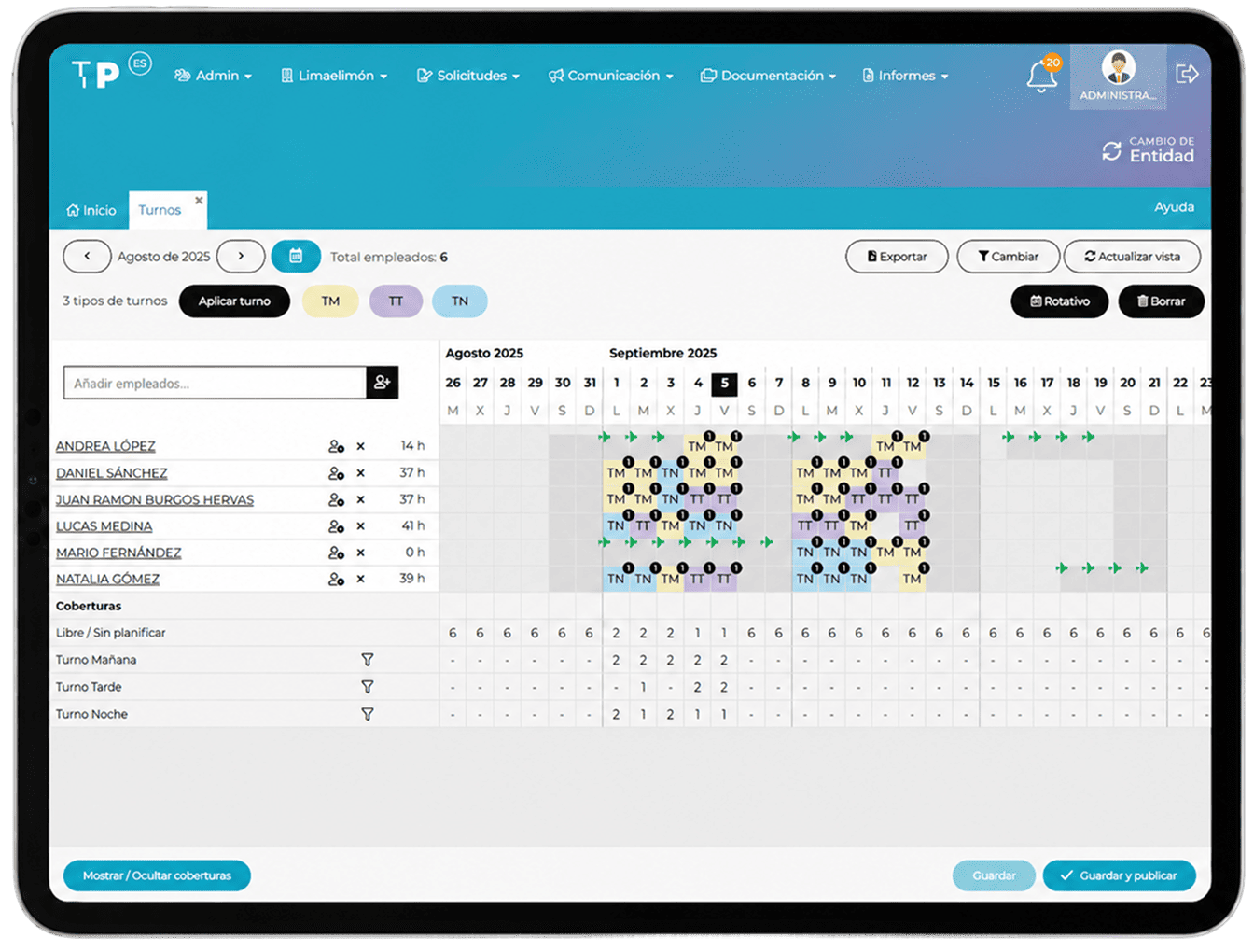 Cuadrante de turnos en la intranet de Track People