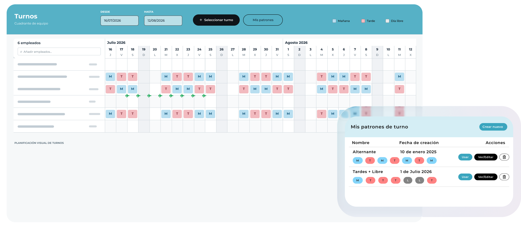 Cuadrante de turnos de Track People con planificación por empleado, horarios y patrones reutilizables
