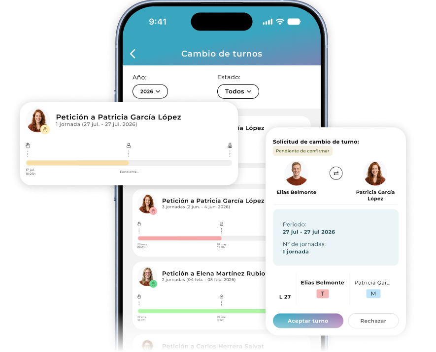 Solicitudes e intercambio de turnos en la app de Track People, con confirmación del compañero