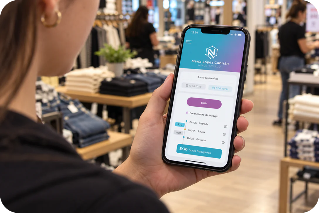 Empleada fichando desde la app de Track People en el móvil